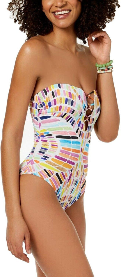 Bar III Kaleidoscope Lace-Up One Piece Swimsuit Multi-Color Women's Size XL
