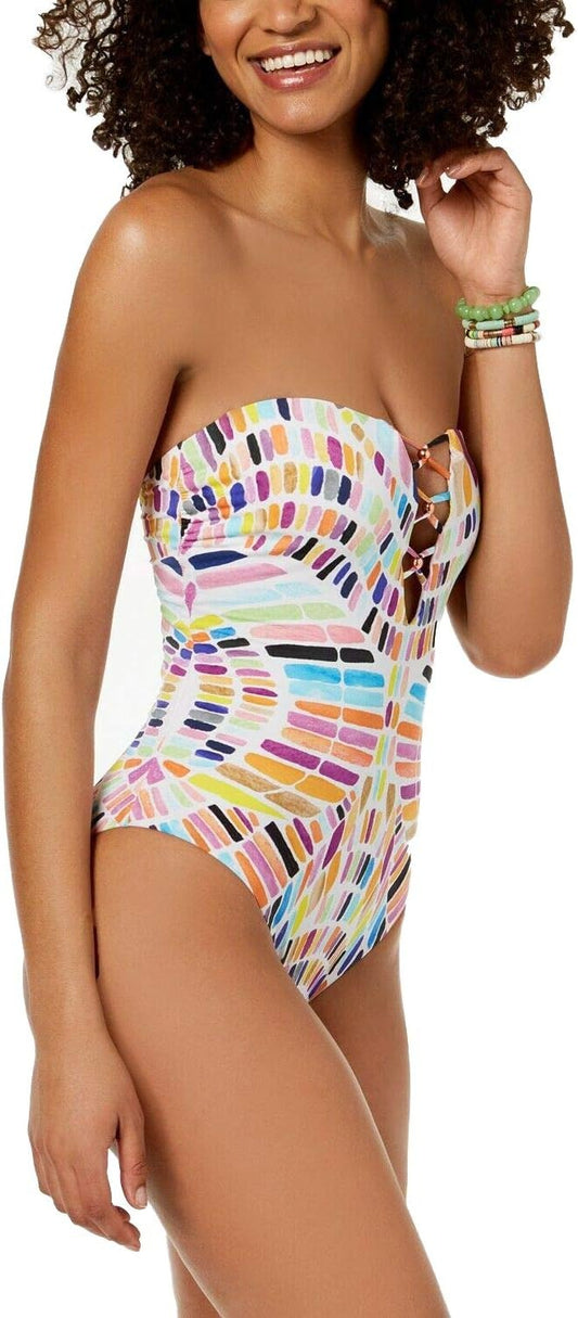Bar III Kaleidoscope Lace-Up One Piece Swimsuit Multi-Color Women's Size XL