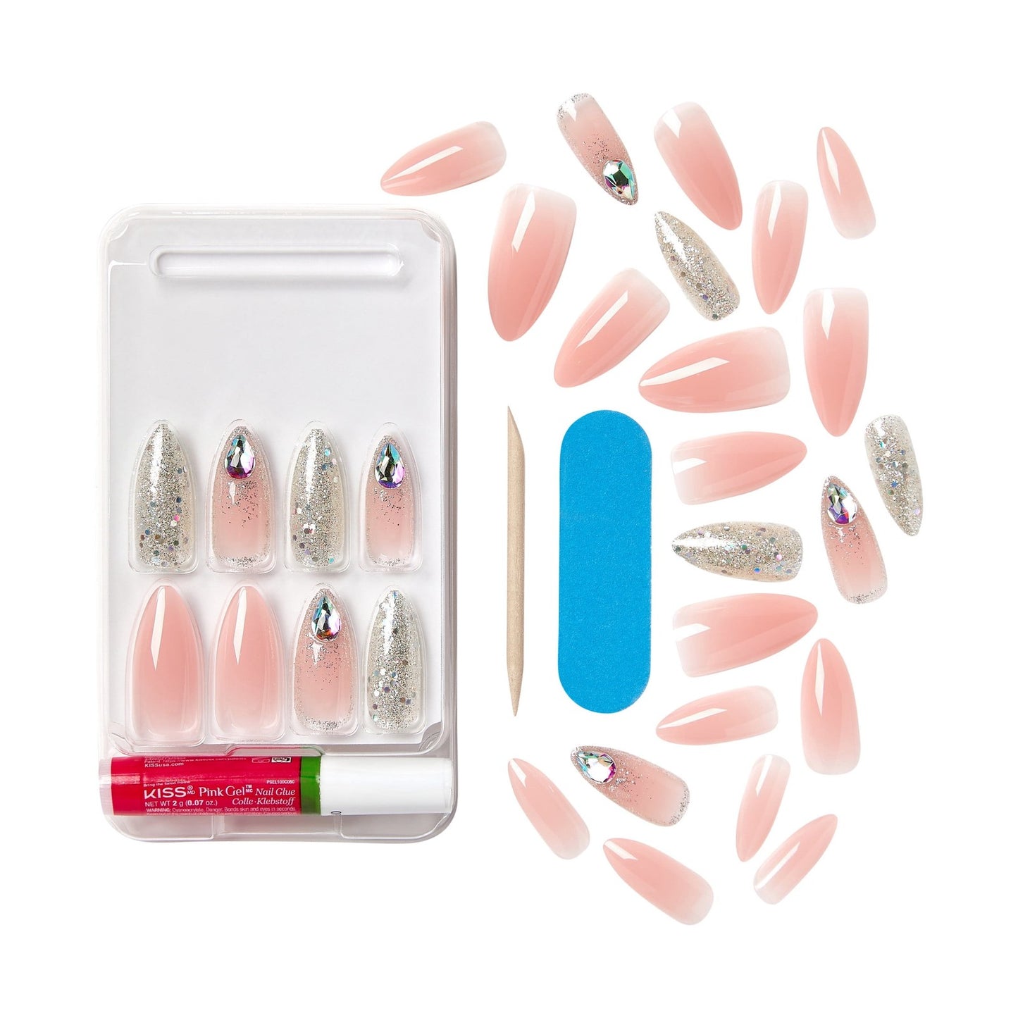 KISS Gel Fantasy Allure Ready-To-Wear Long Almond Fake Nails, Pink & Silver