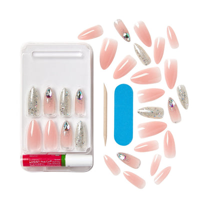 KISS Gel Fantasy Allure Ready-To-Wear Long Almond Fake Nails, Pink & Silver