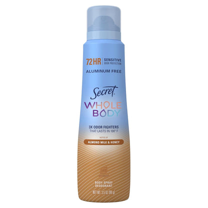 Secret Whole Body Deodorant Spray for Women, Almond Milk & Honey Scent, 3.5 oz