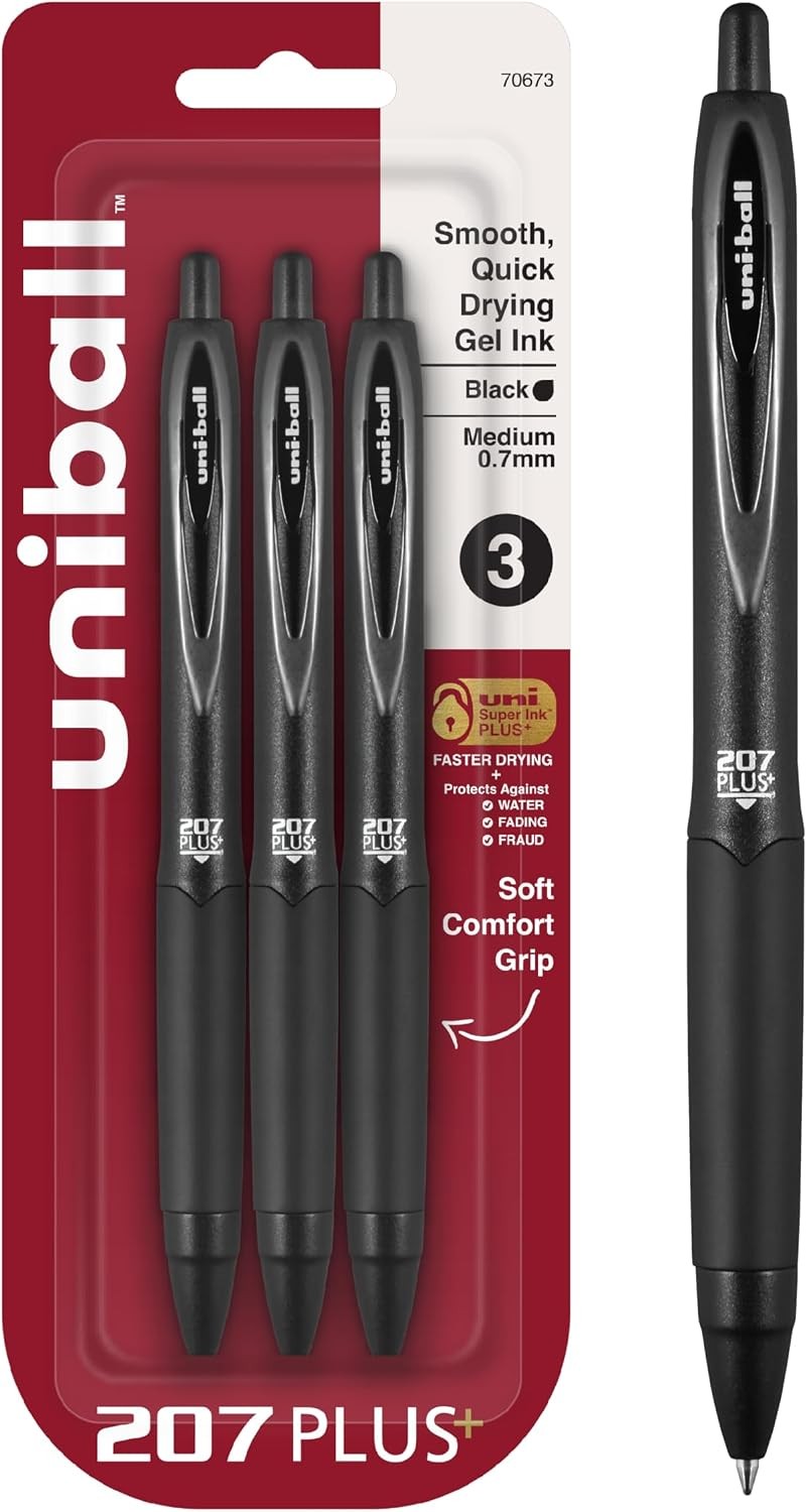 uniball™ 207 Plus+ Gel Pens, Black Ink, 0.7mm Medium Point, 3 Count Retractable