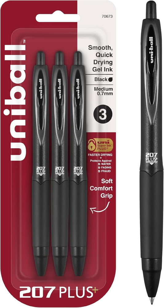 uniball™ 207 Plus+ Gel Pens, Black Ink, 0.7mm Medium Point, 3 Count Retractable