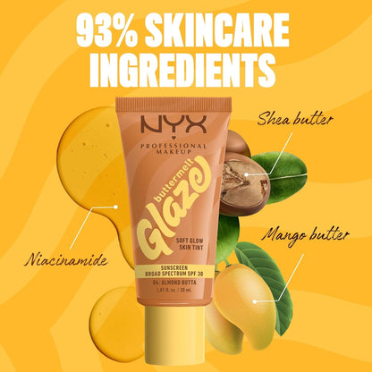 NYX PROFESSIONAL MAKEUP Buttermelt Glaze Soft Glow Skin Tint SPF 30 Up To 12HR Wear 04 Almond Butta