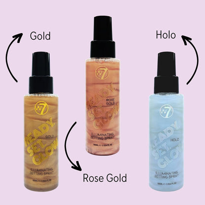 W7 Ready Set Glow Makeup Setting Spray - Shimmer Finish - Long-Lasting Rose Gold