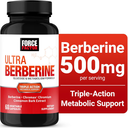 Force Factor Ultra Berberine, 500mg Berberine HCL, Cinnamon & Chromium for Metabolism Support, Weight-Loss & Healthy Glucose Levels, 60 Capsules