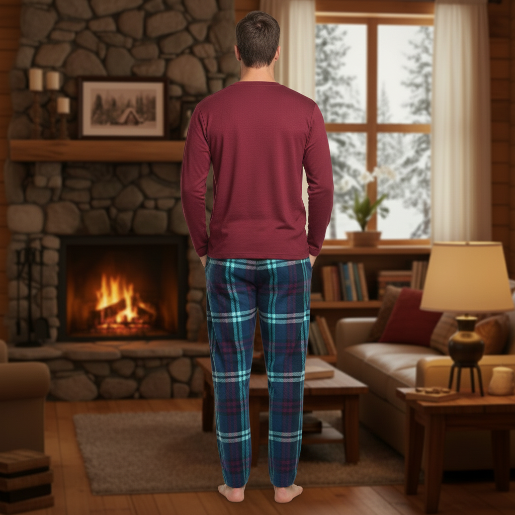 Cuddl Duds Men's Cozy Lodge 2-Pc Pajama Set Large Red V-Neck Blue Plaid NWT