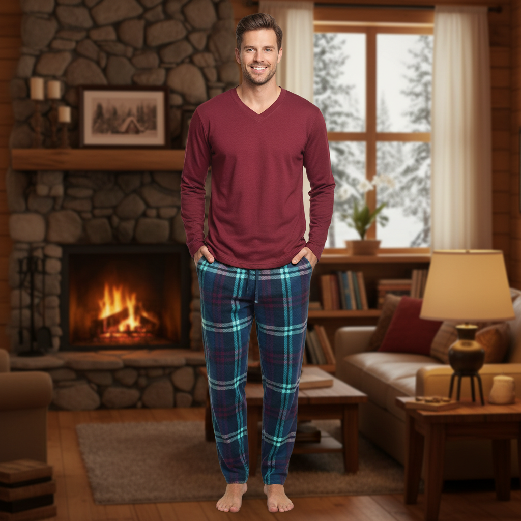 Cuddl Duds Men's Cozy Lodge 2-Pc Pajama Set Large Red V-Neck Blue Plaid NWT