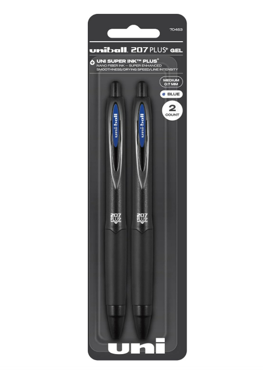 uniball 207 PLUS+ Retractable Gel Pen, Medium Point (0.7mm), Blue, 2 Pack