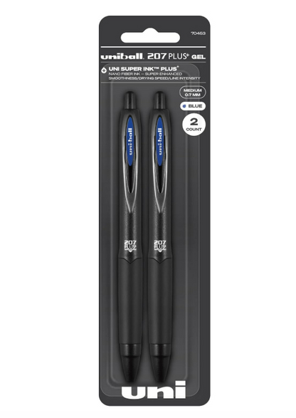 uniball 207 PLUS+ Retractable Gel Pen, Medium Point (0.7mm), Blue, 2 Pack