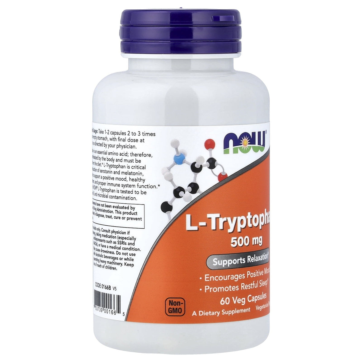 NOW Supplements, L-Tryptophan 500 mg, Encourages Positive Mood*, Supports Relaxation*, 60 Veg Capsules