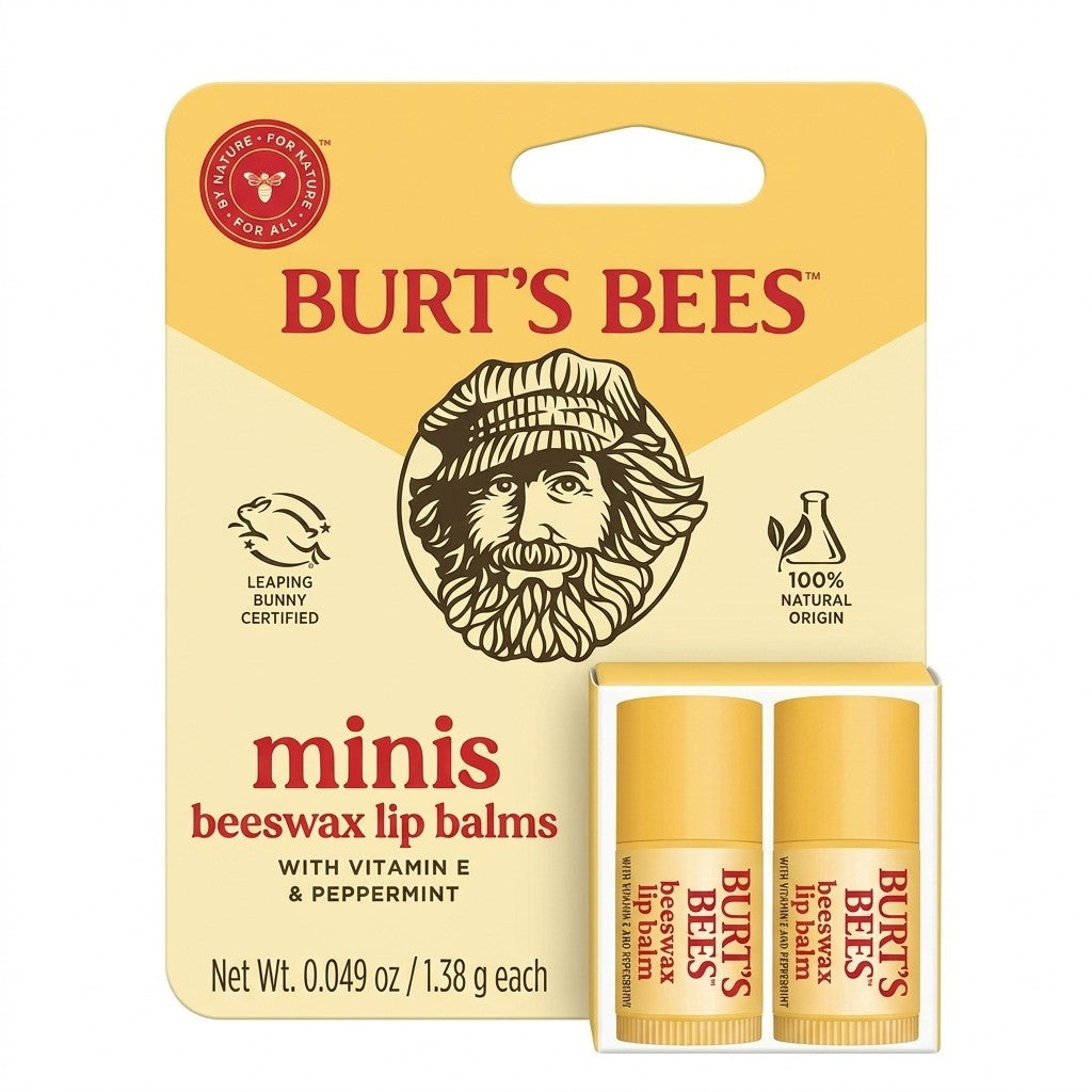Burt's Bees Mini Lip Balm Original Beeswax Vitamin E Peppermint 2 Tubes New