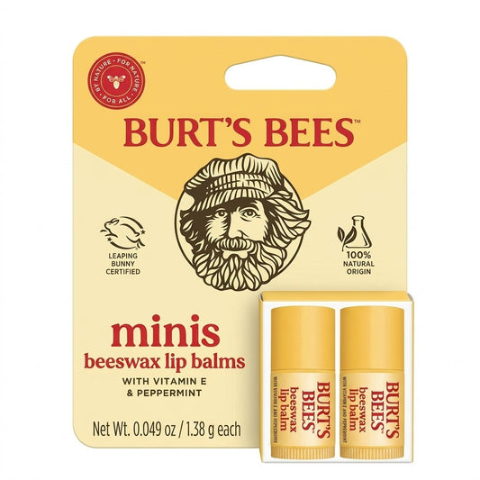 Burt's Bees Mini Lip Balm Original Beeswax Vitamin E Peppermint 2 Tubes New