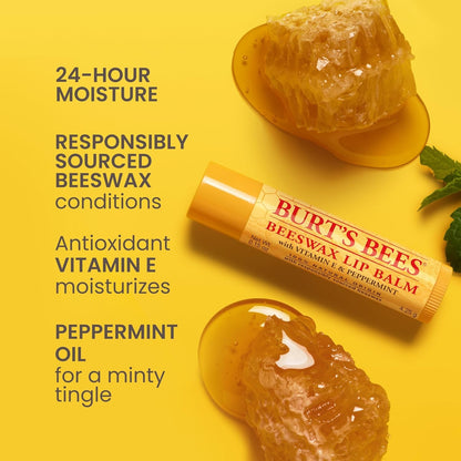 Burt's Bees Mini Lip Balm Original Beeswax Vitamin E Peppermint 2 Tubes New