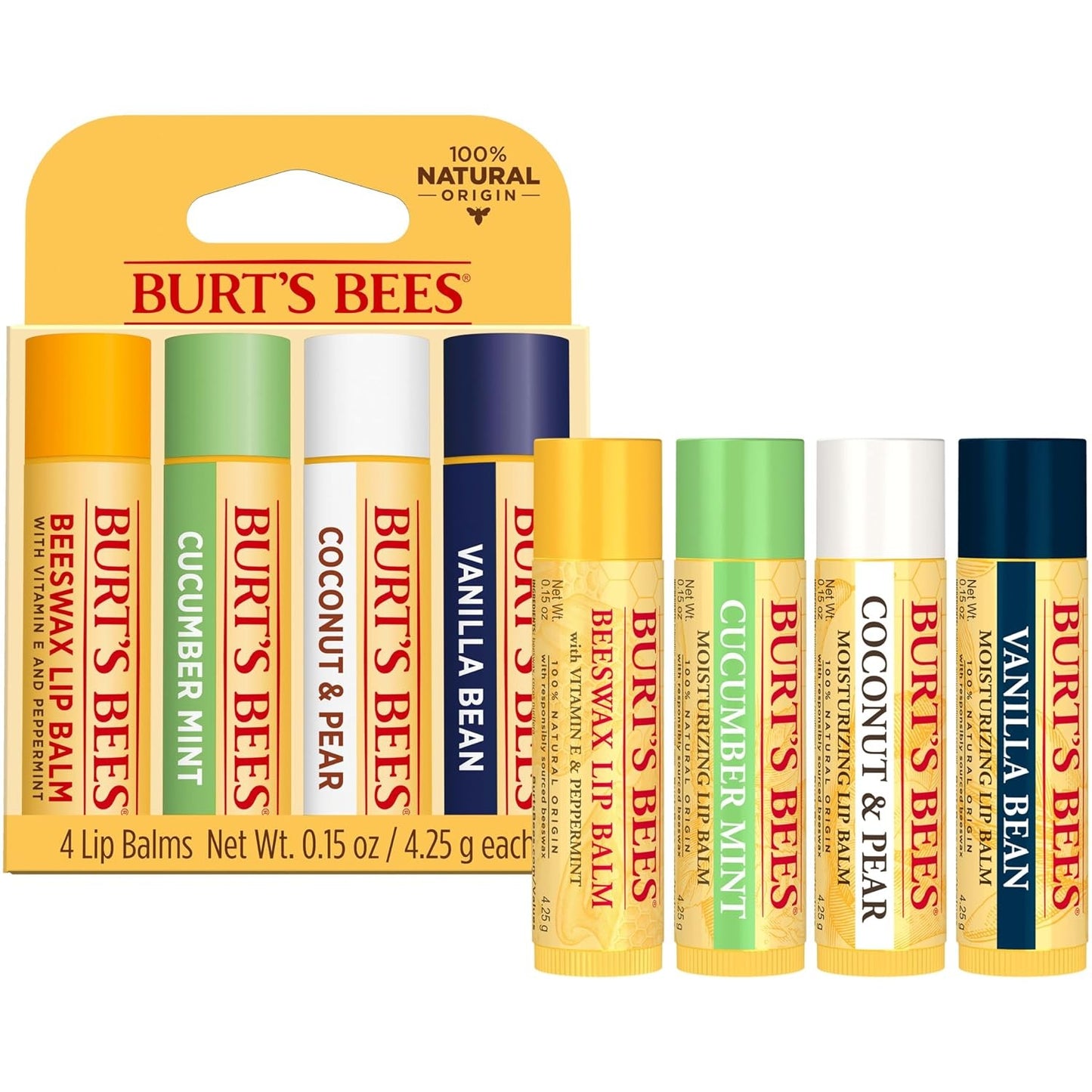 Burt's Bees 100% Natural Lip Balm 4 Pack Beeswax Cucumber Coconut Vanilla Bean