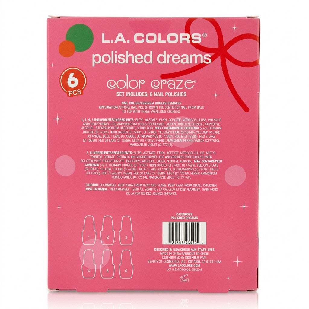 L.A. COLORS Polished Dreams 6 Piece Nail Polish Gift Set Color Craze Hardeners
