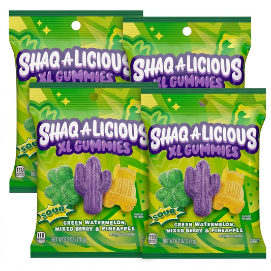 4 Pack Shaq-a-Licious Sour XL Gummies 6.2oz each Watermelon Berry Pineapple Candy