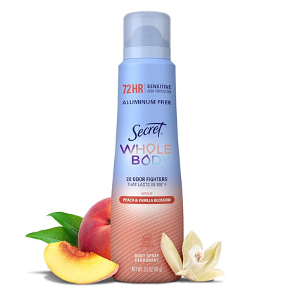 Secret Aluminum Free Whole Body Deodorant Spray for Women 72hr Sensitive Freshness Odor Defense PH Balanced Invisible Protection Safe to Use Everywhere Peach Vanilla Blossom Scent 3 5 oz