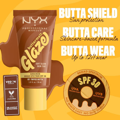 NYX PROFESSIONAL MAKEUP Buttermelt Glaze Soft Glow Skin Tint SPF 30 Up To 12HR Wear 07 Toffee Butta