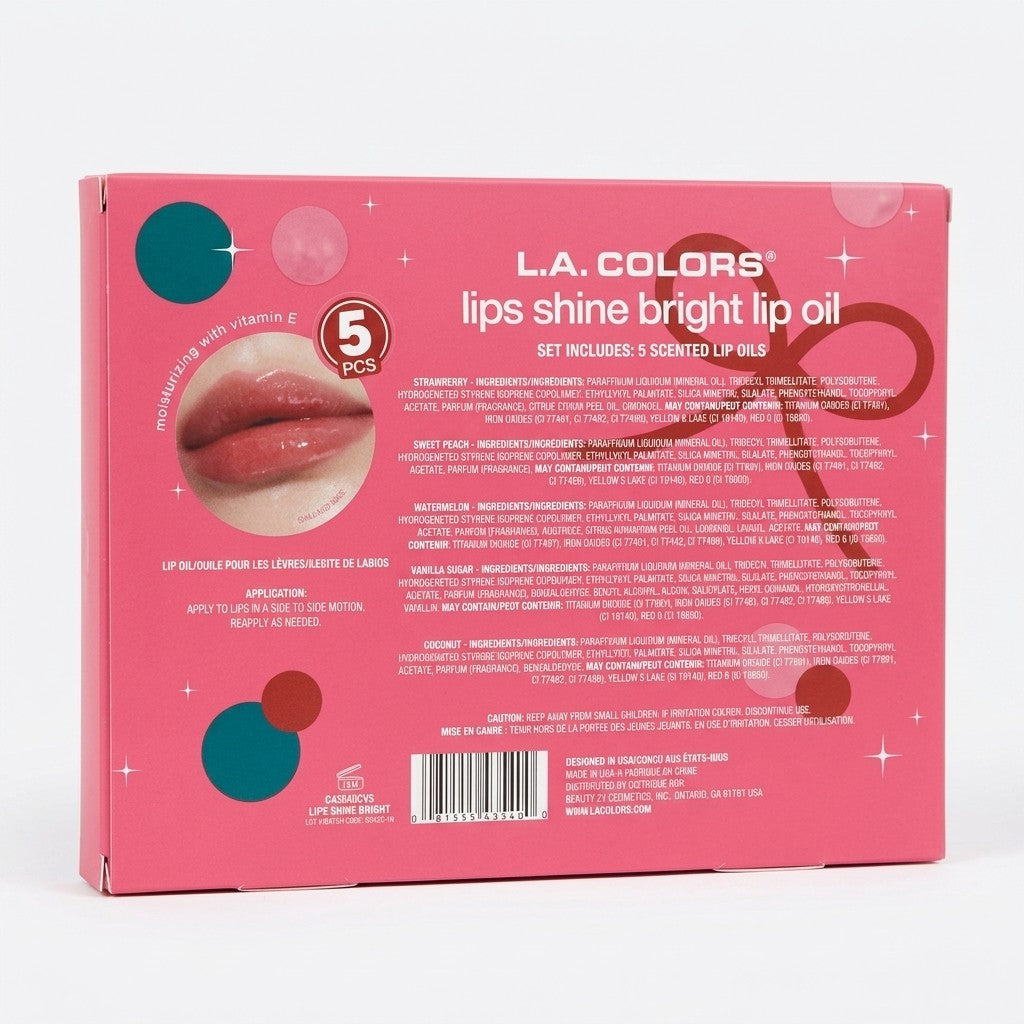LA Colors Lips Shine Bright Lip Oil Set 5 Piece Moisturizing Shiny Gloss