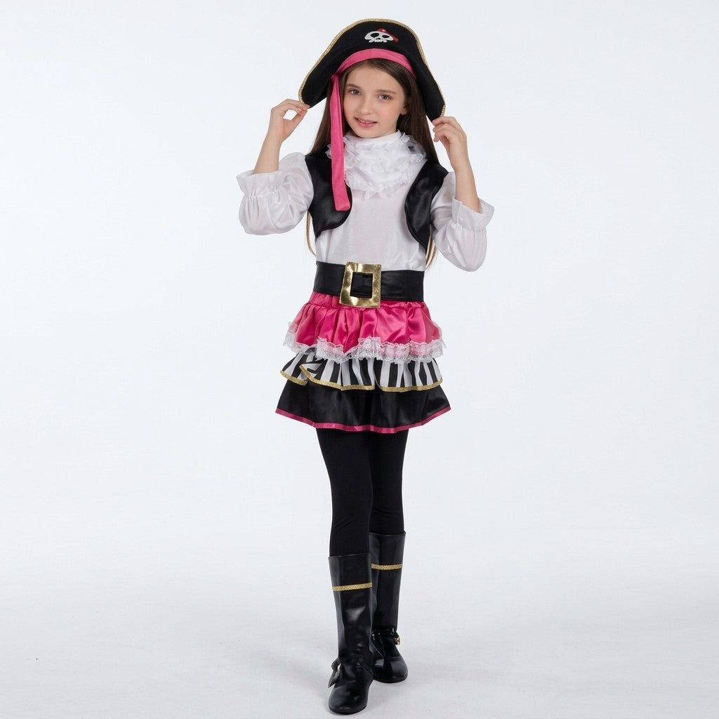 Girls Buccaneer Princess Pirate Costume Set Size 4-6 Halloween Dress Up 6pc Hat