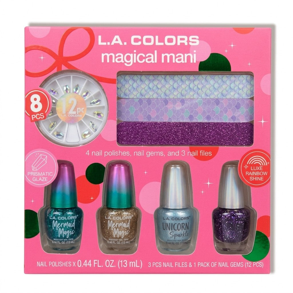 L.A. COLORS Magical Mani 8 Piece Nail Polish Gift Set 4 Polishes 3 Files & Gems