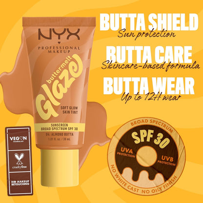 NYX PROFESSIONAL MAKEUP Buttermelt Glaze Soft Glow Skin Tint SPF 30 Up To 12HR Wear 04 Almond Butta