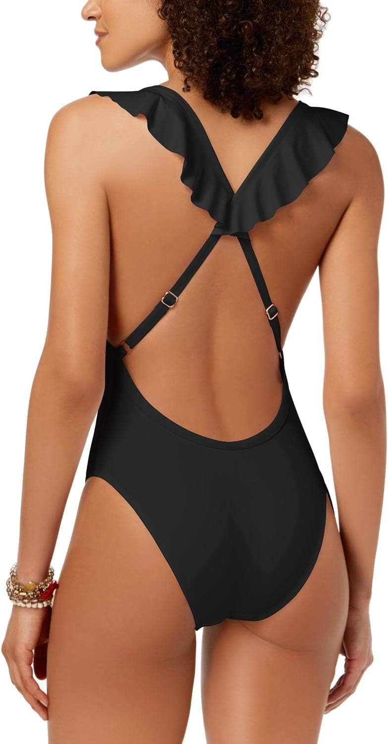 Bar III Womens Ruffled Cross-Back One-Piece Swimsuit Black M
