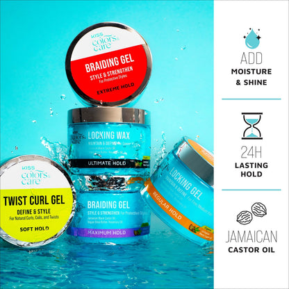 Kiss Colors & Care Braiding Hair Styling Gel, Level 7 Maximum Hold for Textured
