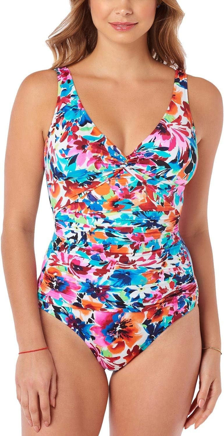 Swim Solutions Labelle Fleur Slimming One Piece Swimsuit Floral Multicolor Sz 14