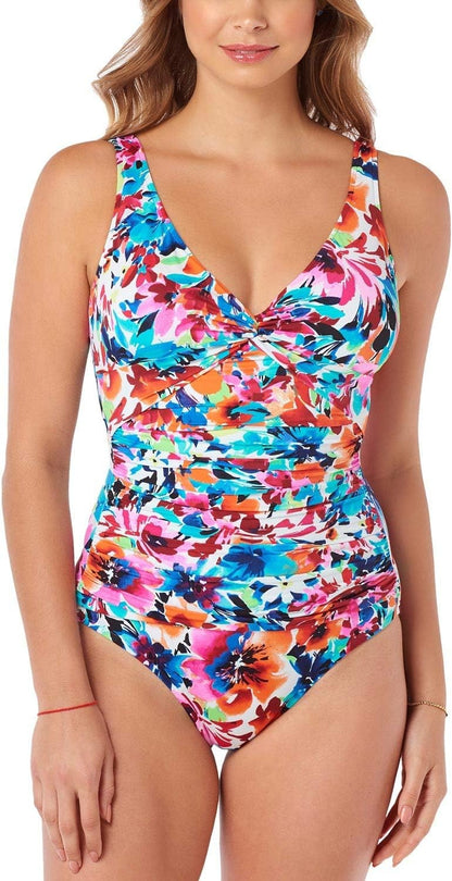 Swim Solutions Labelle Fleur Slimming One Piece Swimsuit Floral Multicolor Sz 14