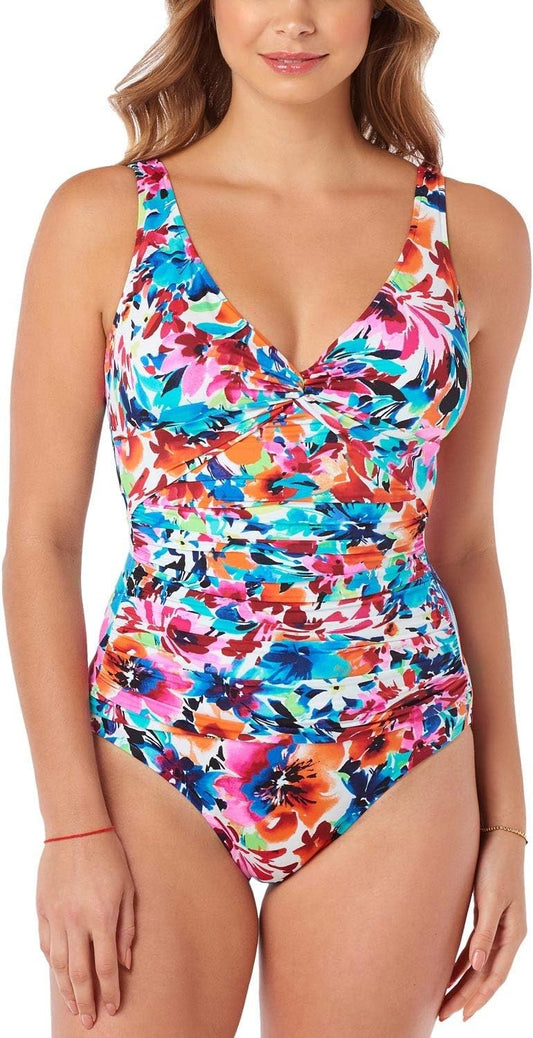 Swim Solutions Labelle Fleur Slimming One Piece Swimsuit Floral Multicolor Sz 14