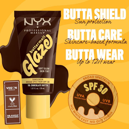 NYX PROFESSIONAL MAKEUP Buttermelt Glaze Soft Glow Skin Tint + SPF 30 Up To 12HR Wear, 10 Chocolate Butta