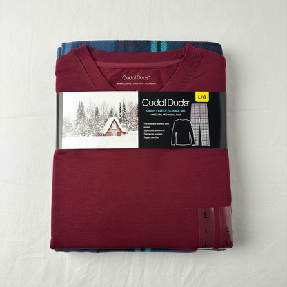 Cuddl Duds Men's Cozy Lodge 2-Pc Pajama Set Large Red V-Neck Blue Plaid NWT