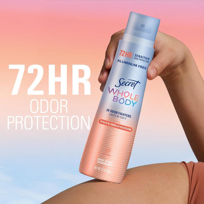 Secret Aluminum Free Whole Body Deodorant Spray for Women 72hr Sensitive Freshness Odor Defense PH Balanced Invisible Protection Safe to Use Everywhere Peach Vanilla Blossom Scent 3 5 oz