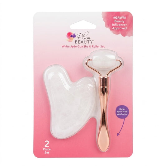 Plum Beauty White Jade Gua Sha & Roller Set 2pc Facial Massager Skincare Tool