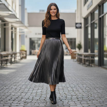 Fourth + Bay Silver Metallic Pleated Midi Skirt NWT Size Large Accordion Shiny