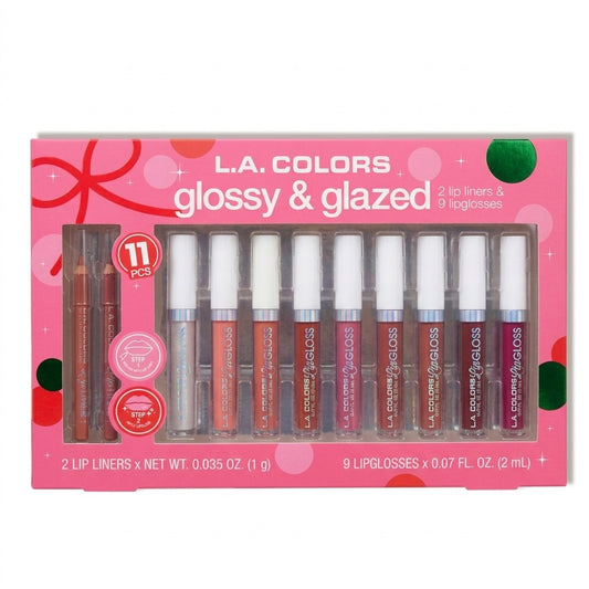 L.A. Colors Glossy & Glazed 11 Pc Lip Kit 9 Lip Glosses 2 Liners Makeup Gift Set