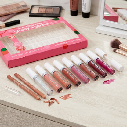 L.A. Colors Glossy & Glazed 11 Pc Lip Kit 9 Lip Glosses 2 Liners Makeup Gift Set