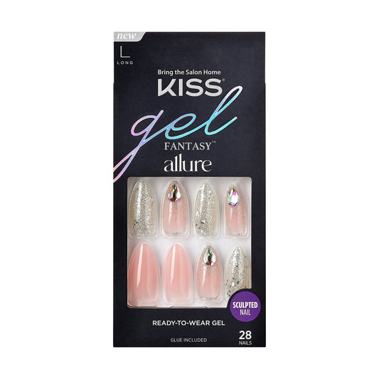 KISS Gel Fantasy Allure Ready-To-Wear Long Almond Fake Nails, Pink & Silver
