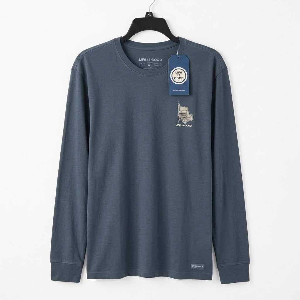 Life Is Good Men's XL Long Sleeve Crusher Tee Smoker BBQ Grill Navy Blue NWT