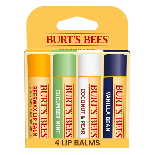 Burt's Bees 100% Natural Lip Balm 4 Pack Beeswax Cucumber Coconut Vanilla Bean