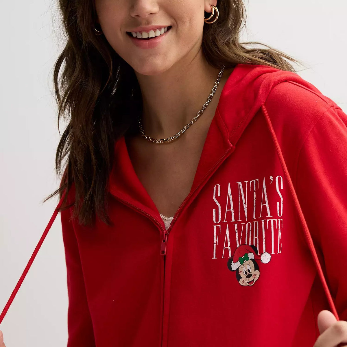 Disney's Minnie Mouse Santa's Favorite Juniors' Full-Zip Graphic Hoodie, Red, XL