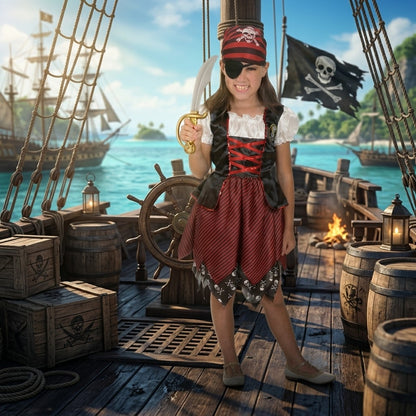 Girls Pirate Commander Costume Buccaneer Princess Set Size 7-9