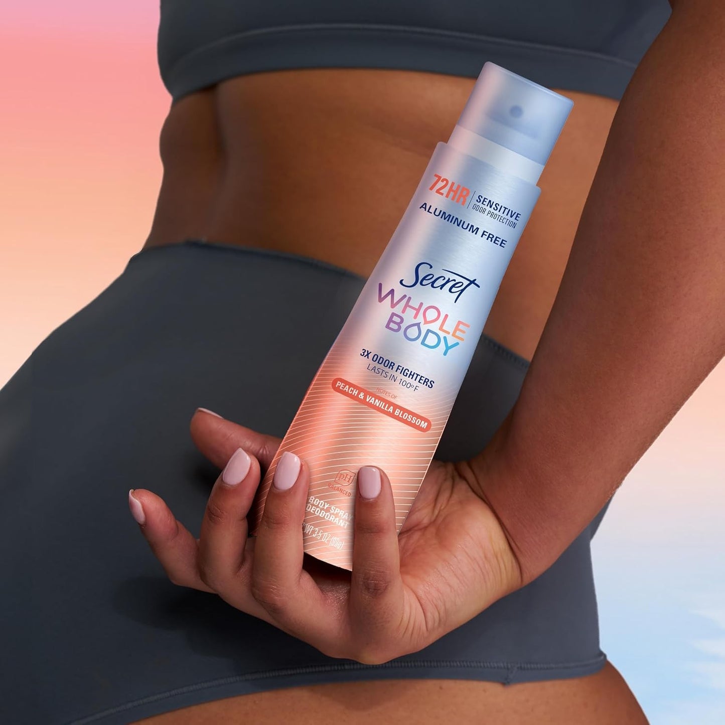 Secret Aluminum Free Whole Body Deodorant Spray for Women 72hr Sensitive Freshness Odor Defense PH Balanced Invisible Protection Safe to Use Everywhere Peach Vanilla Blossom Scent 3 5 oz