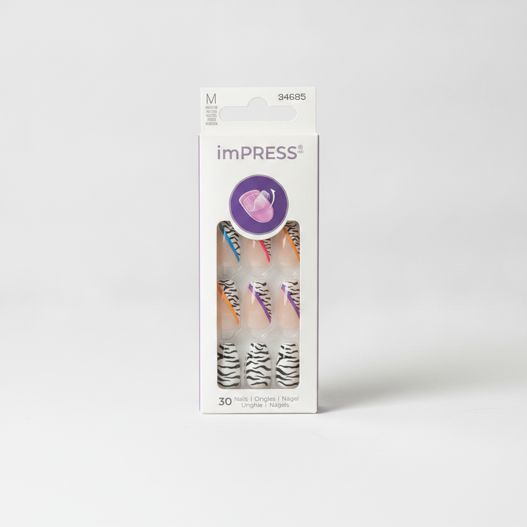 Kiss Impress No Glue Press On Nails Thriving Medium Coffin Zebra Neon 30ct
