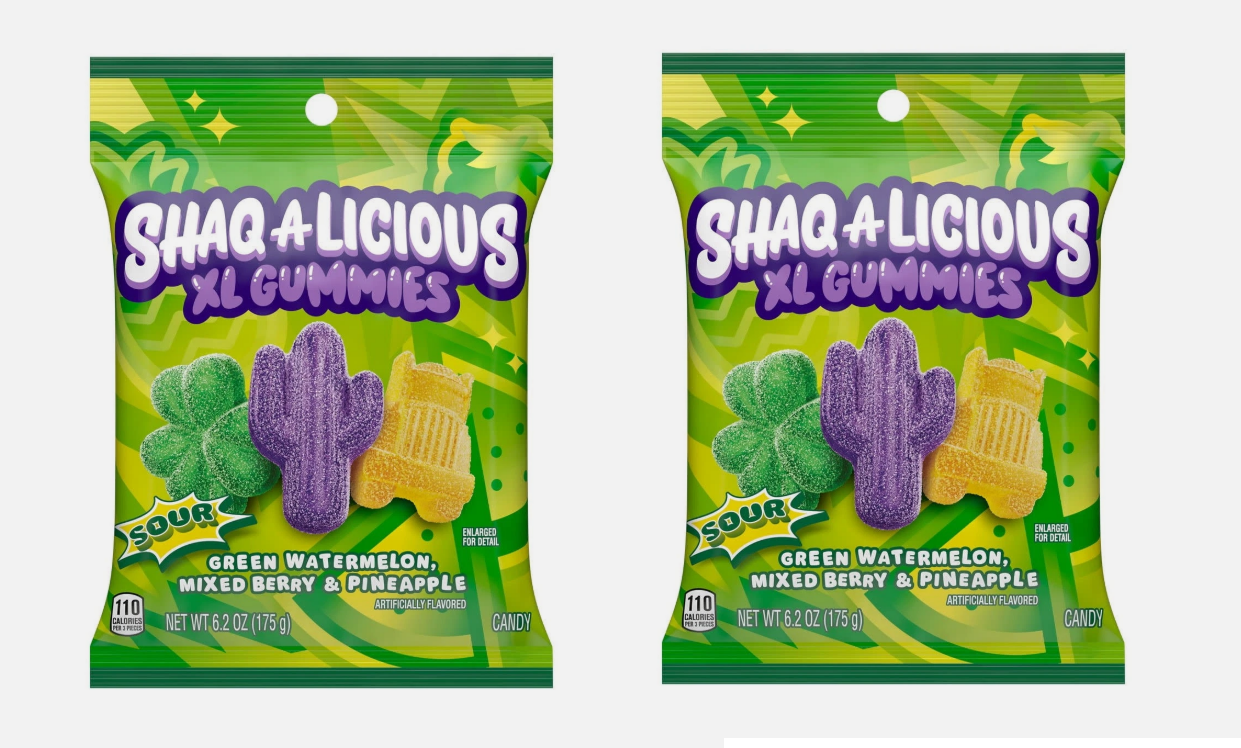 2 Pack Shaq-A-Licious XL Sour Gummies Watermelon Berry Pineapple 6.2oz Bags