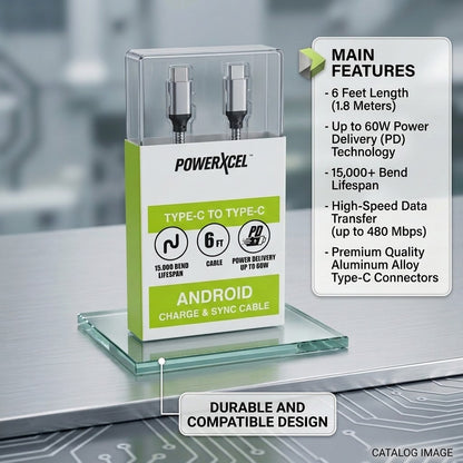 PowerXcel 6ft USB-C to USB-C Cable 60W Power Delivery Fast Charging Sync Cord