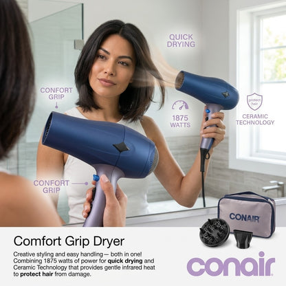 Conair 1875W Velvet Touch Hair Dryer Comfort Grip Styler Diffuser & Concentrator