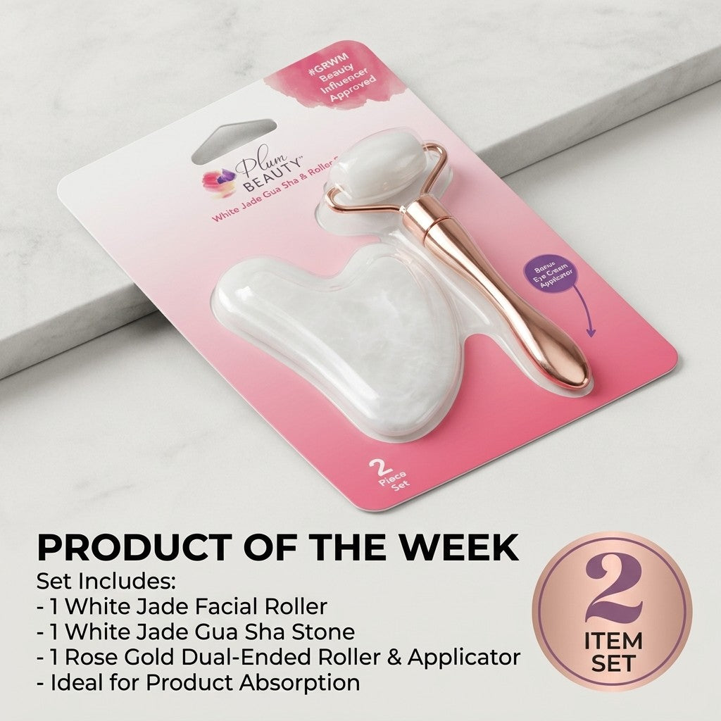Plum Beauty White Jade Gua Sha & Roller Set 2pc Facial Massager Skincare Tool